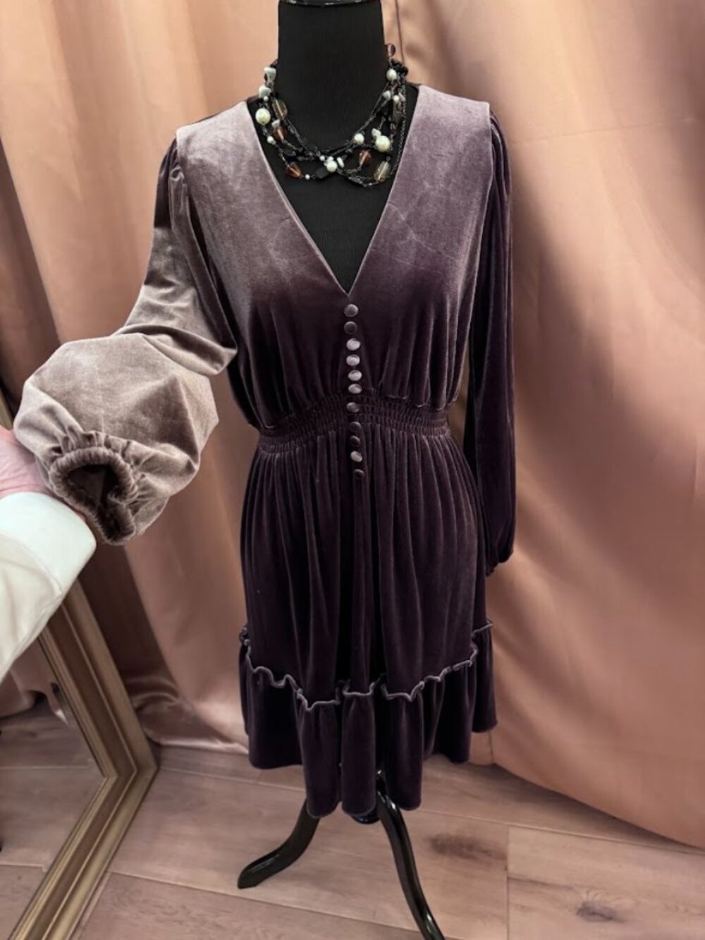 Taylor Taupe Velvet Dress 4 Whimsigoth Dark Academia Romantic Ruffle Mini - Picture 3 of 13